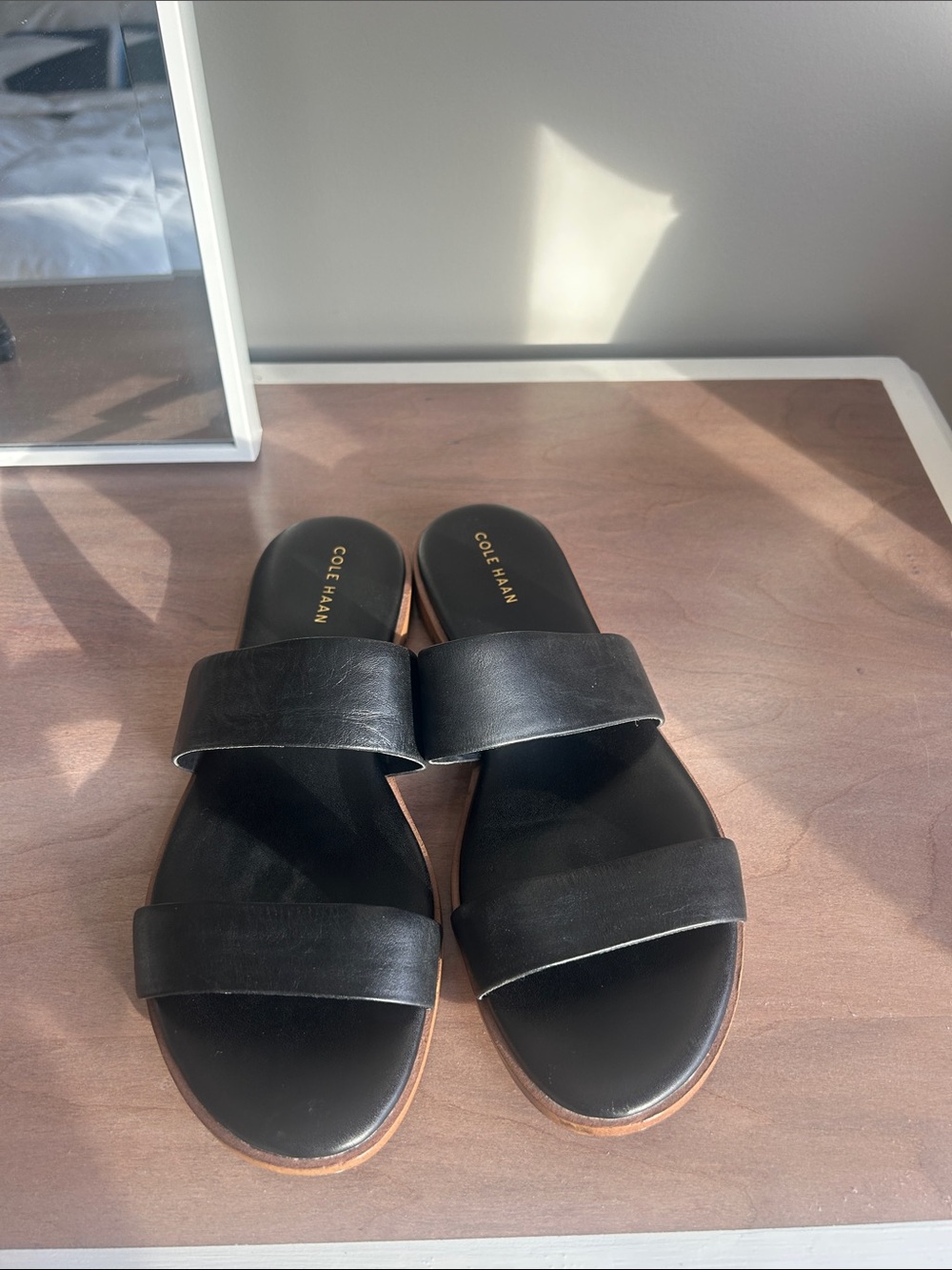 Cole Haan Black Double Band Leather Slide Sandals